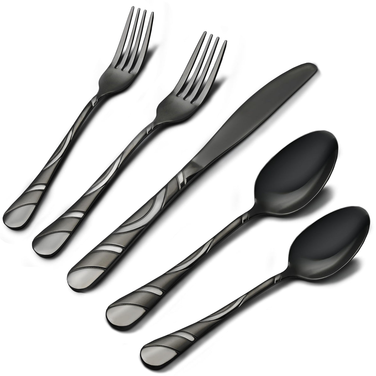 IFERRENS juego de cubiertos negro plateado para 12 personas, ideal para cenas formales.