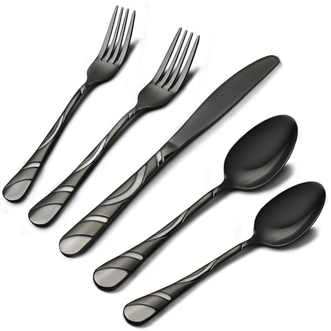 IFERRENS juego de cubiertos negro plateado para 12 personas, ideal para cenas formales.