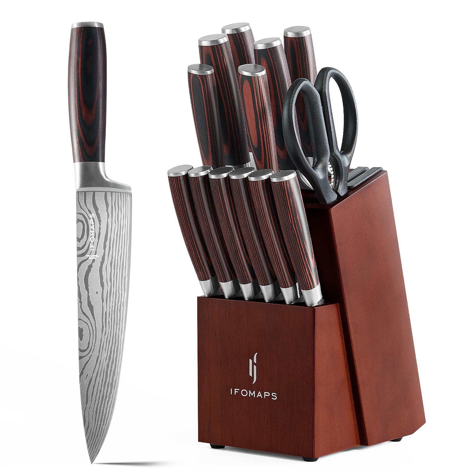 ifomaps juego de cuchillos 15 piezas con bloque y afilador, ideal para cocina organizada.