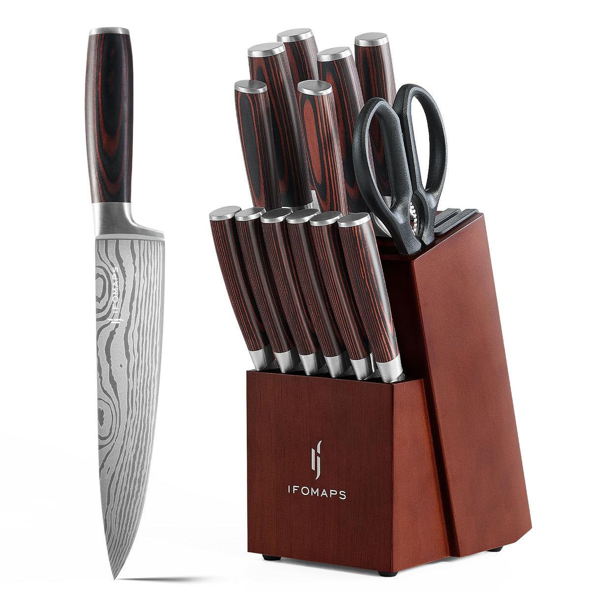 ifomaps juego de cuchillos 15 piezas con bloque y afilador, ideal para cocina organizada.