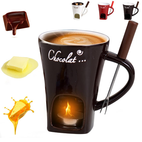 Iiglitch Taza fondue chocolate con tenedor: ideal para derretir y sumergir frutas.