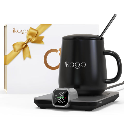 Ikago set calentador-taza frente, diseño compacto para escritorio.