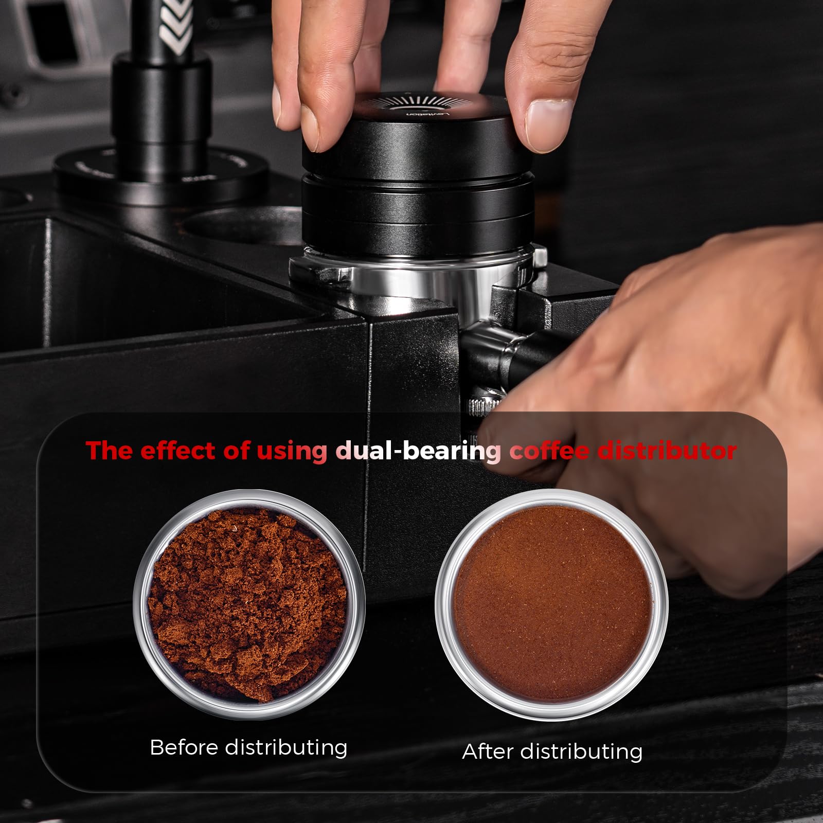 IKAPE distribuidor espresso 53.3mm base de acero 304 garantiza higiene y durabilidad.