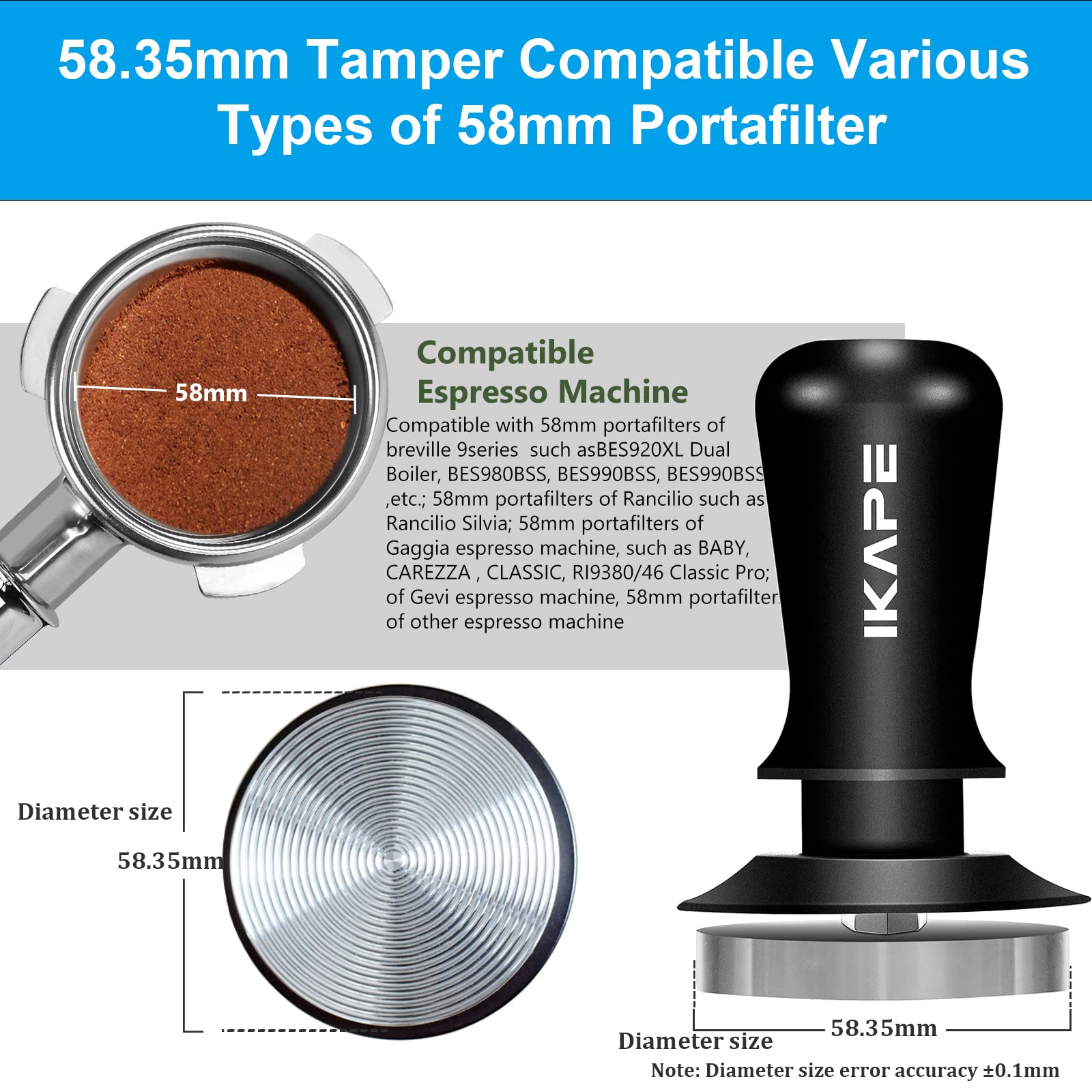 IKAPE taponador 58.35 mm con mango ergonómico para uso cómodo.