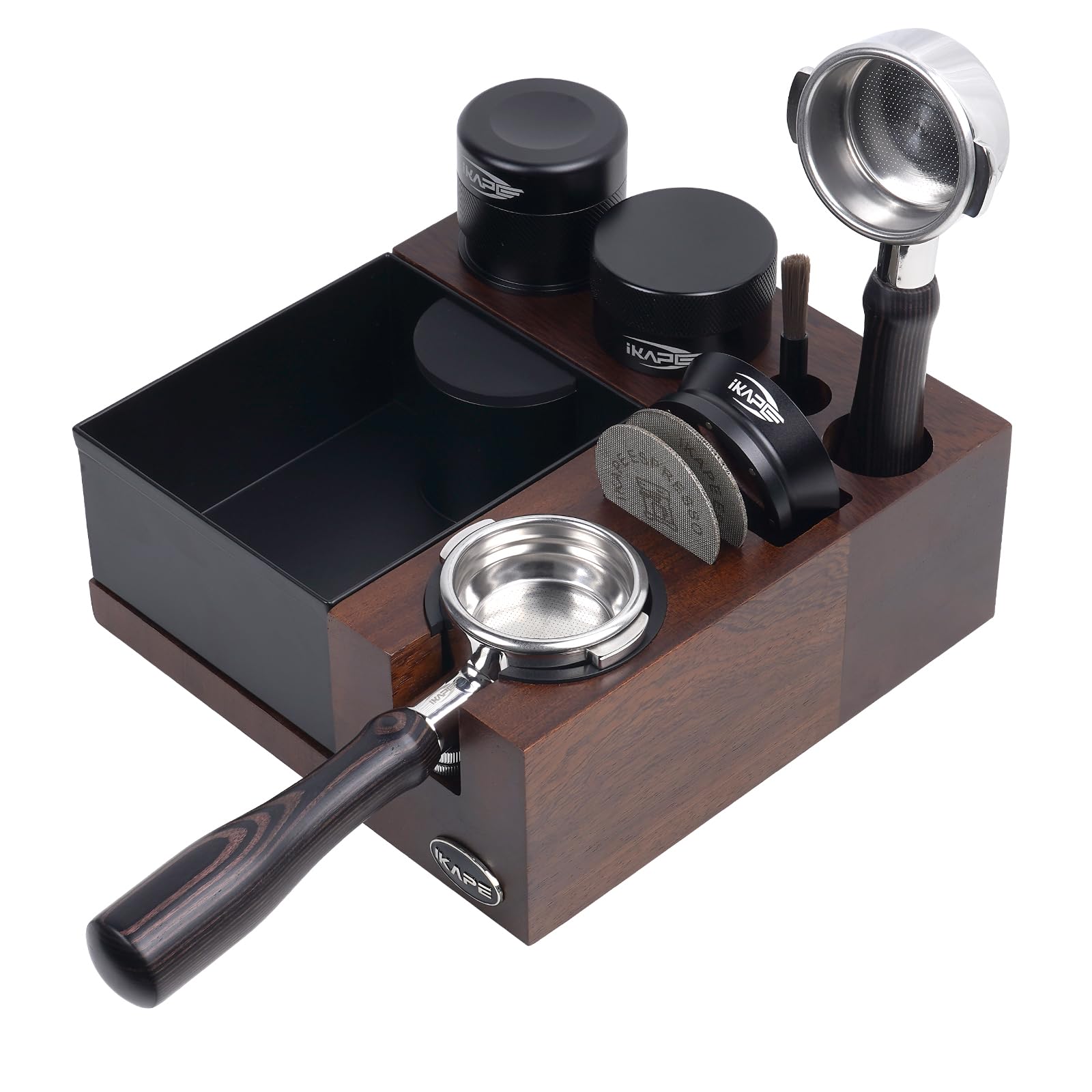 IKAPE V5 accesorios de espresso (tamper y portafiltro), organización eficiente para sesiones.