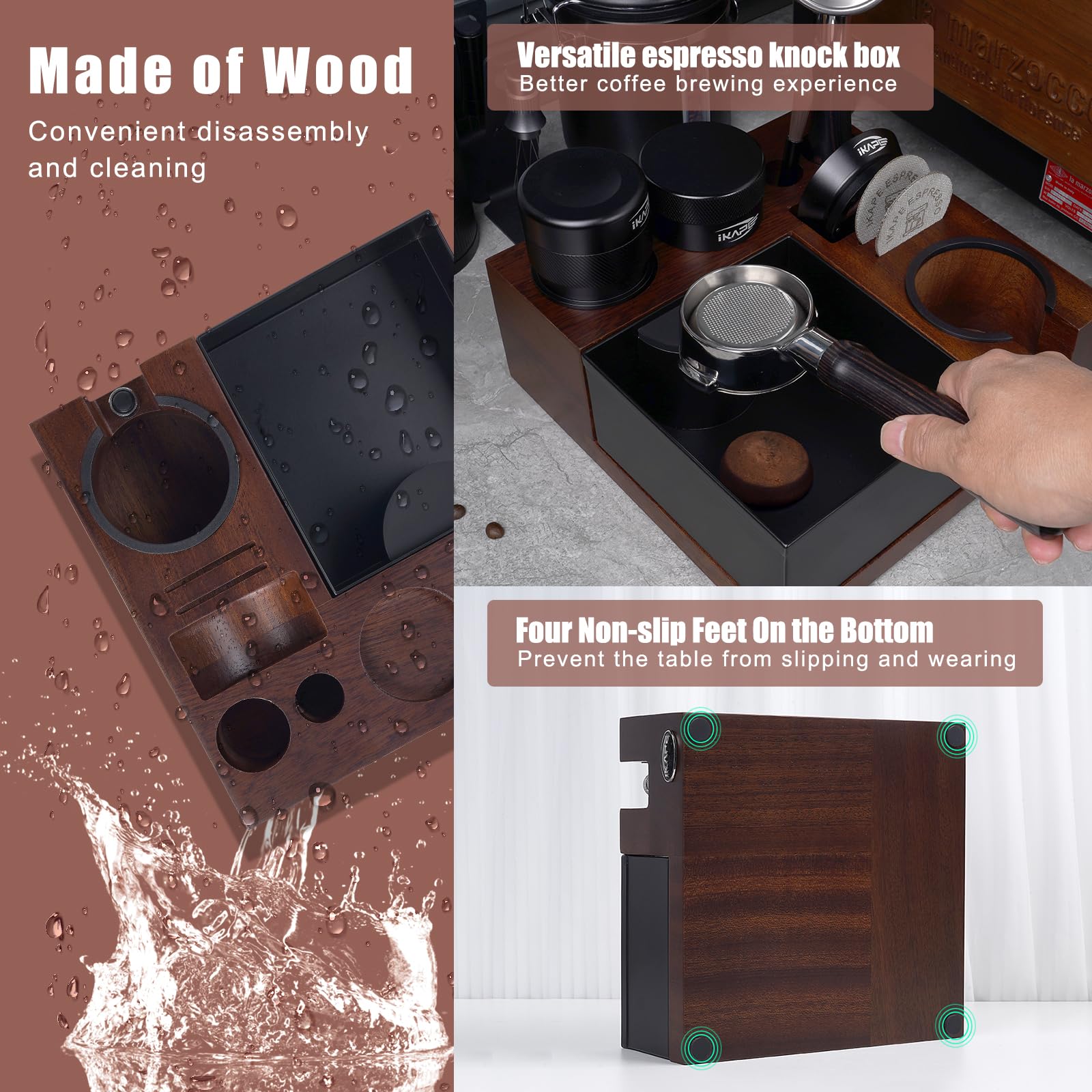 IKAPE V5 espacio para accesorios de espresso, tamper y distribuidor al alcance.