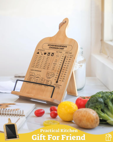 IKEDAS Soporte de libro de cocina de bambú con dimensiones detalladas.