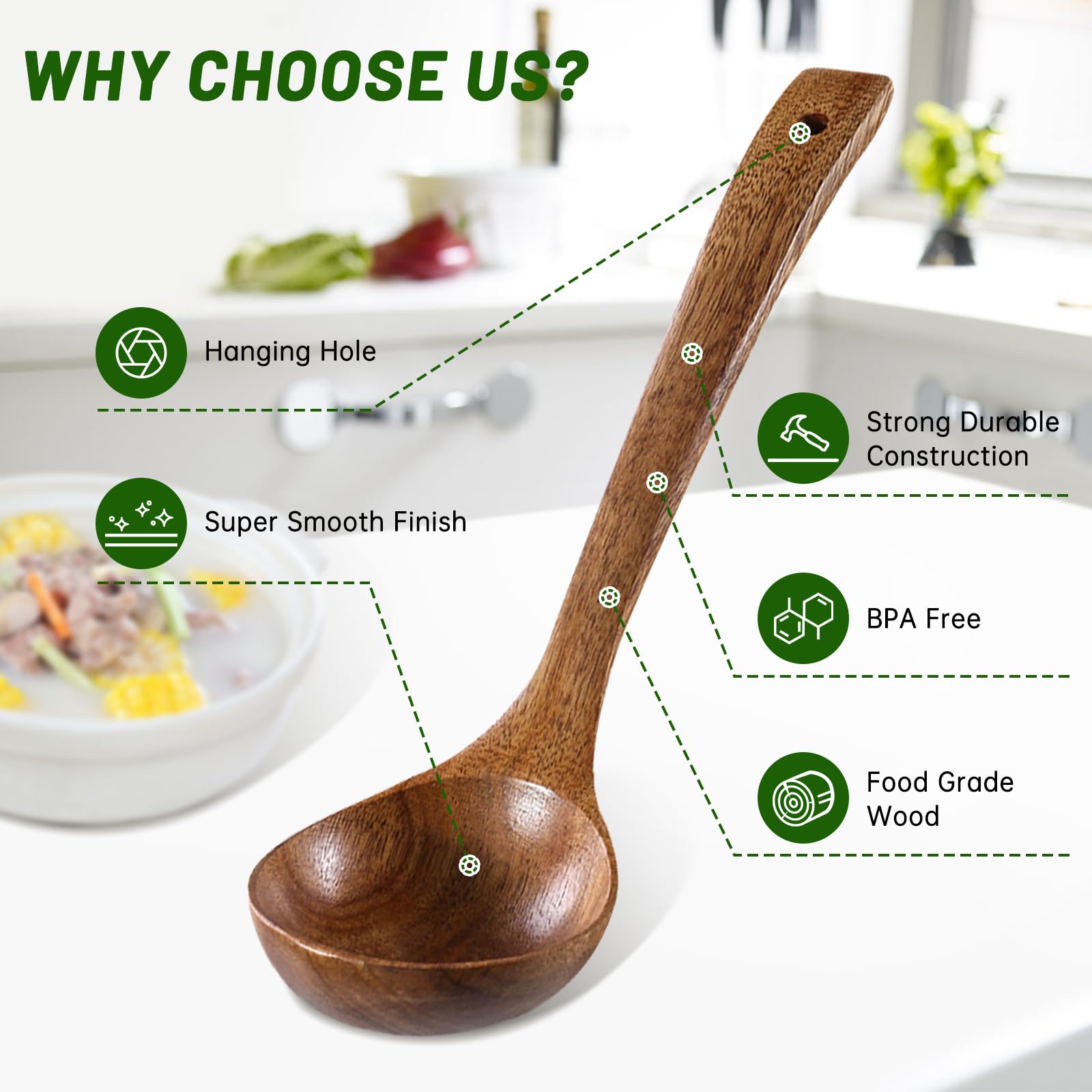 Cuchara para pasta de madera con agujero para escurrir fácilmente