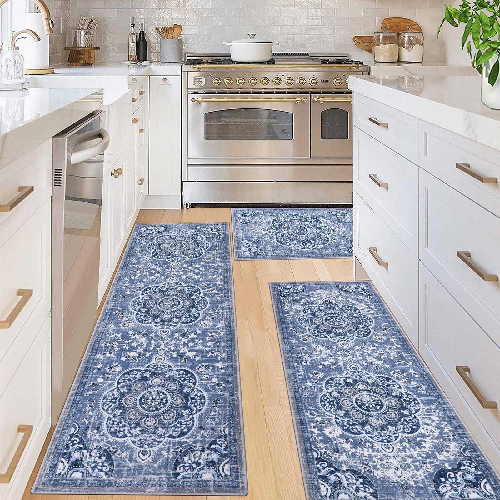 Ileading alfombra de cocina boho, juego 3 piezas en azul para cubrir áreas grandes