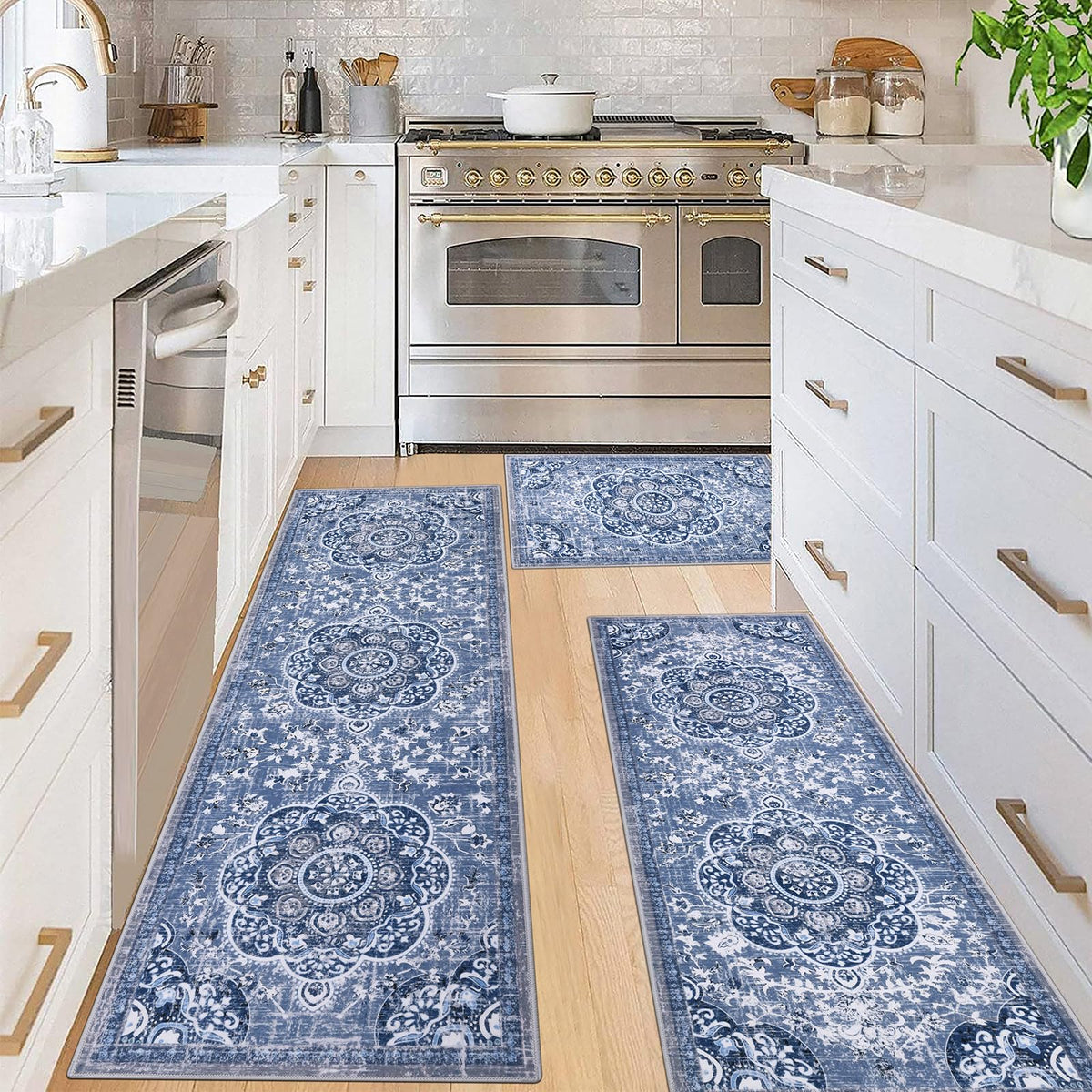 Ileading alfombra de cocina boho, juego 3 piezas en azul para cubrir áreas grandes