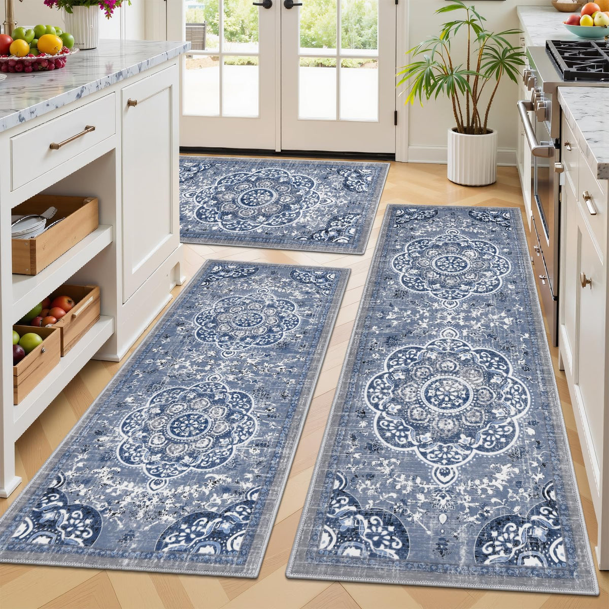 Alfombras boho Ileading con motivo floral azul para cocina, aportan calidez y estilo.