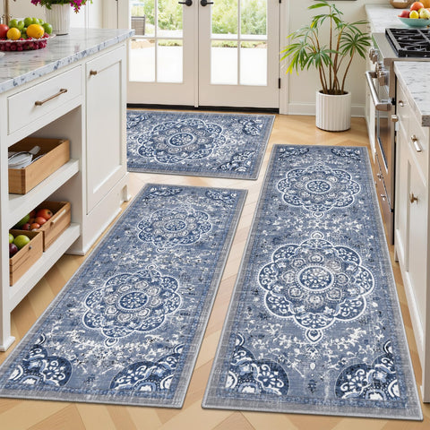 Alfombras boho Ileading con motivo floral azul para cocina, aportan calidez y estilo.