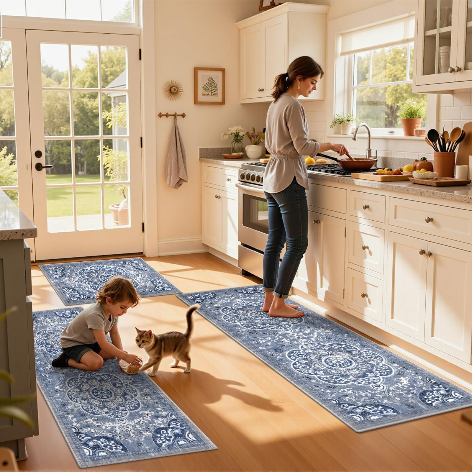 Alfombra de cocina Ileading azul, diseño floral perfecto para cocinas grandes.