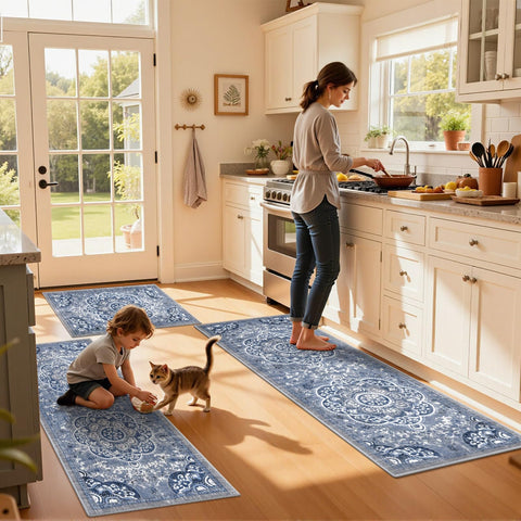Alfombra de cocina Ileading azul, diseño floral perfecto para cocinas grandes.