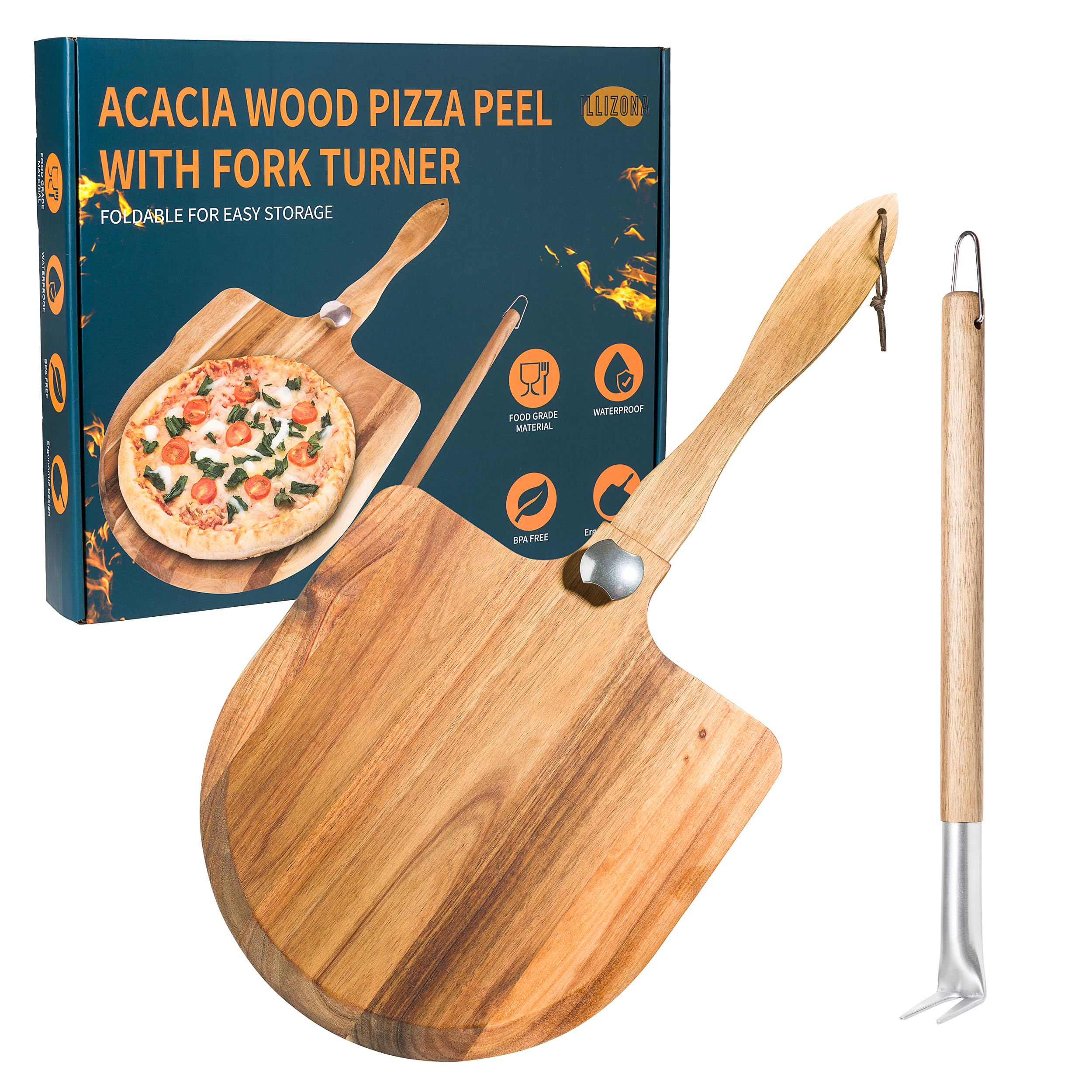 ILLIZONA pala de pizza de acacia de 18 pulgadas, ideal para deslizar pizzas sin esfuerzo.