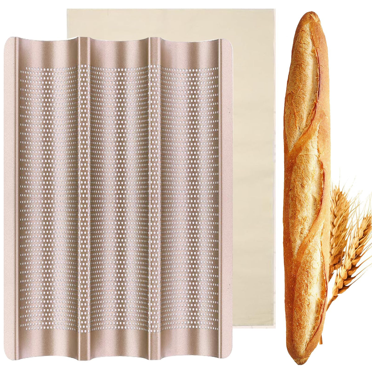 ILSSLI Baguette Pan, vista frontal para tres baguettes uniformes y doradas