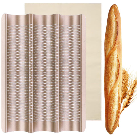 ILSSLI Baguette Pan, vista frontal para tres baguettes uniformes y doradas