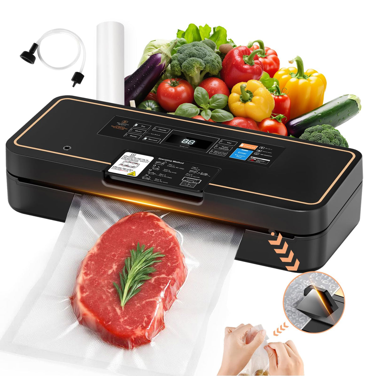 UPRUBE Vacuum Sealer with Easy Tear Cutter – 95kPa, 135W, 9-in-1, 10 ft Bag Roll