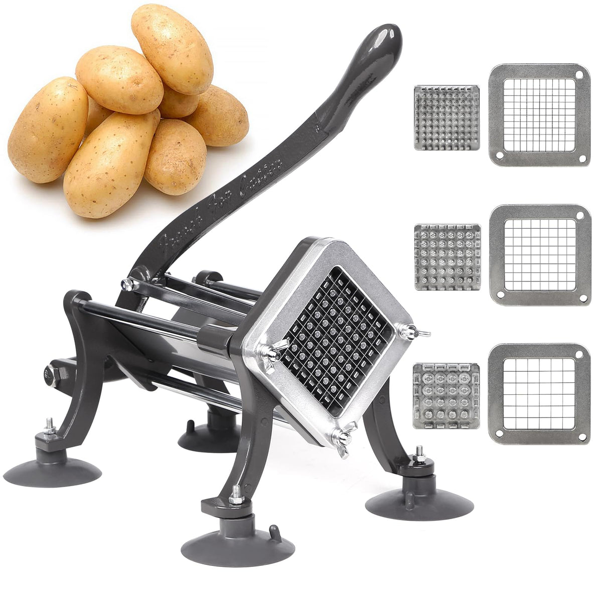 SHSYCER Cortadora de Papas Francesas Comercial con Ventosas – Juego Completo Gris 1/4, 3/8 y 1/2 pulgadas