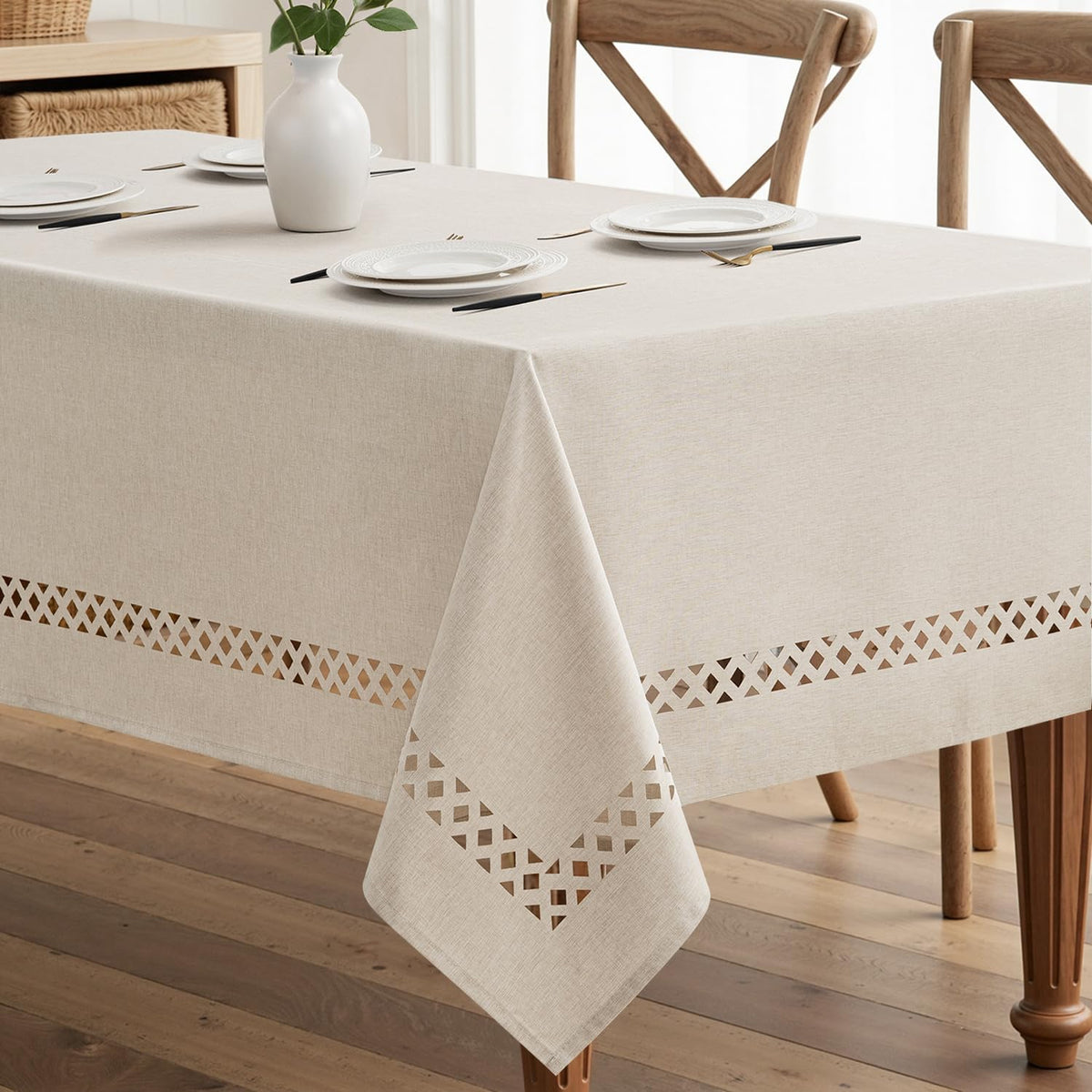 MIULEE Mantel Beige Rectangular de Lino-Poliéster con Recortes 52x70