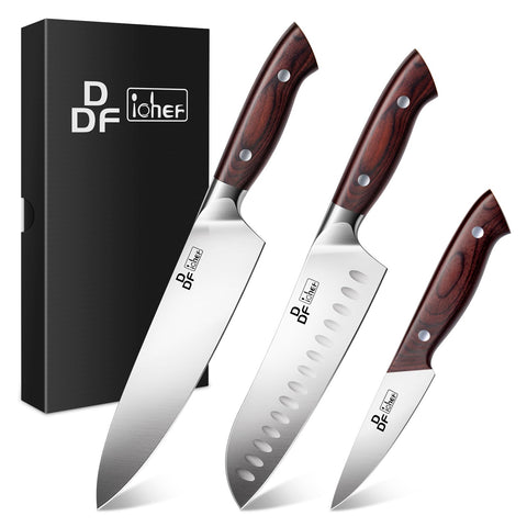 Conjunto de Cuchillos DDF iohEF 3 Piezas: Chef 8 pulgadas, Santoku 7 pulgadas y Pelador 3.75 pulgadas – Acero japonés