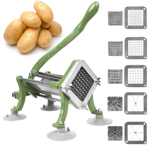 SHSYCER Cortador de Papas Comercial con Sujeción y Ventosas – Cinco Cuchillas: 1/4 pulgada, 1/2 pulgada, 3/8 pulgada, #6 y #8