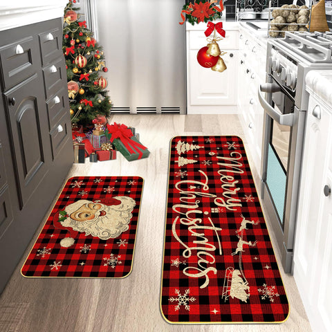 ARTUFAN Alfombras de Cocina Navideñas (Set de 2): 17x29 y 17x47 con Patrón de Cuadros y Copos de Nieve