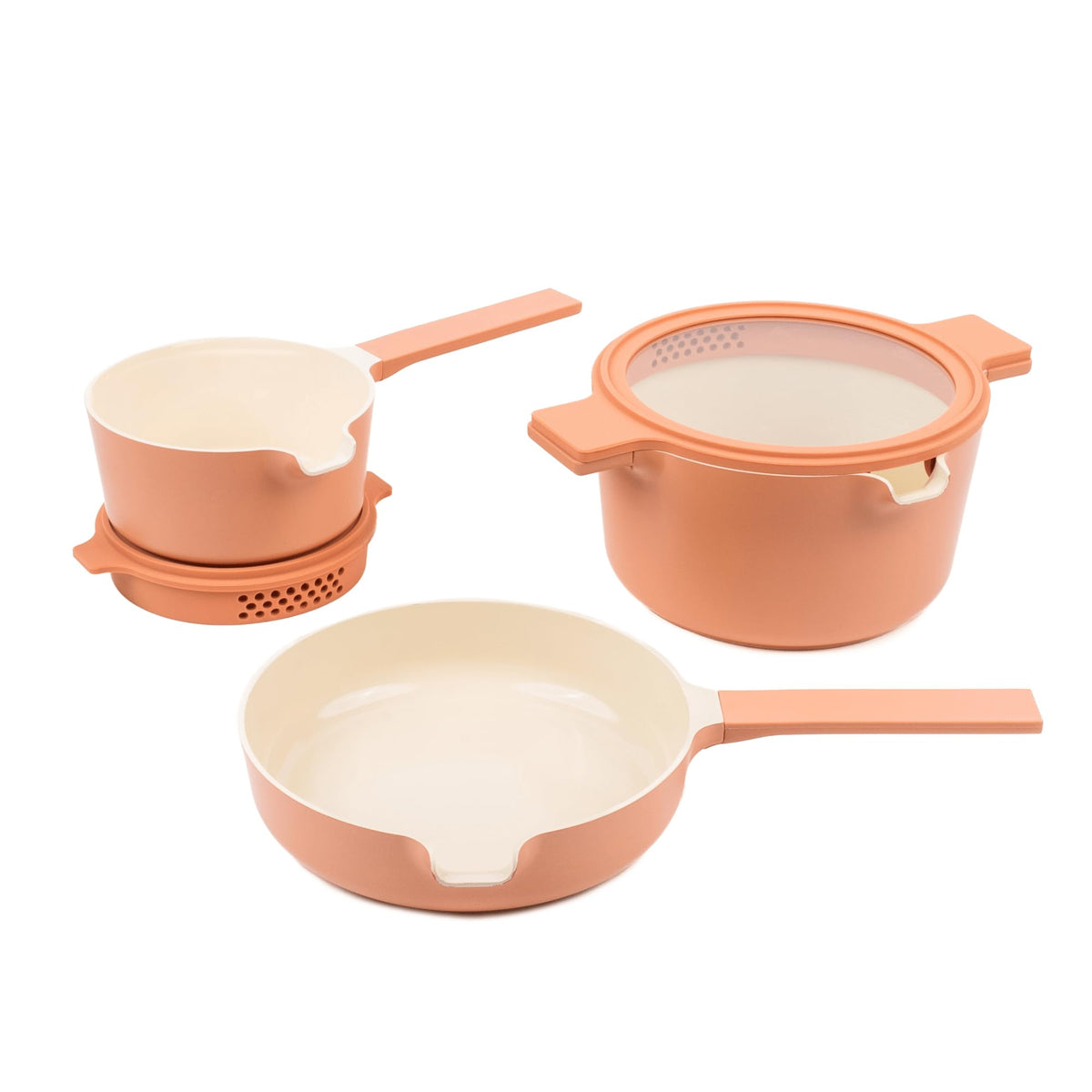 Alva Neat: Set de Ollas y Sartén Cerámico Antiadherente de 5 Piezas, Sin PFAS, Apilable, Inducción y Horno