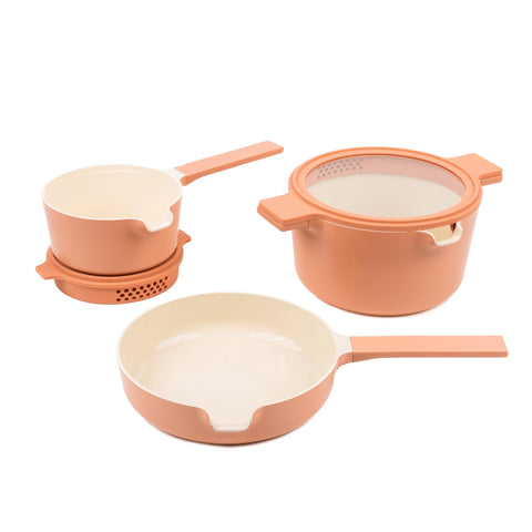 Alva Neat: Set de Ollas y Sartén Cerámico Antiadherente de 5 Piezas, Sin PFAS, Apilable, Inducción y Horno