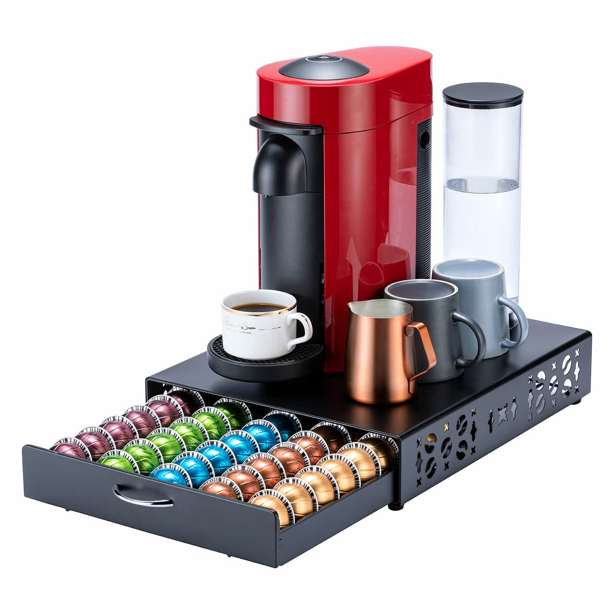 FlagShip Portacápsulas Vertuo: Organizador de cápsulas para barra de café, soporte para máquina, metal negro, capacidad 50 cápsulas