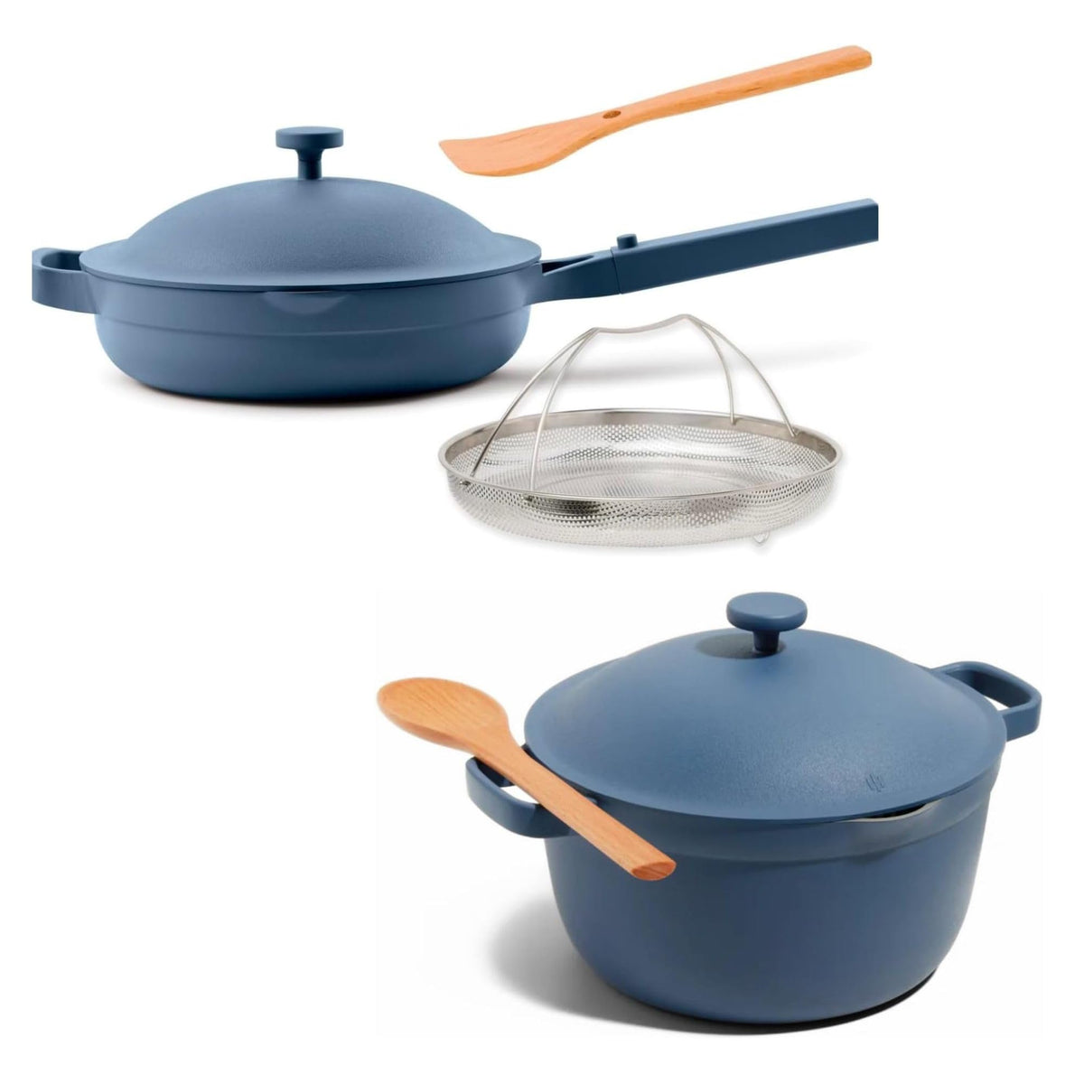 Our Place Cookware Duo | Juego de 7 piezas de cerámica: Always Pan 2.0 + Perfect Pot 5.5 Qt | Inducción y Horno 450°F | No Tóxico | Azul Sal