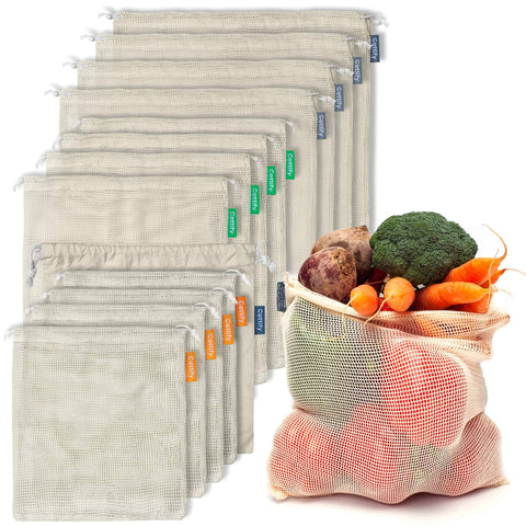 Cottify - Bolsas Reutilizables de Algodón con Malla para Frutas y Verduras 12+1