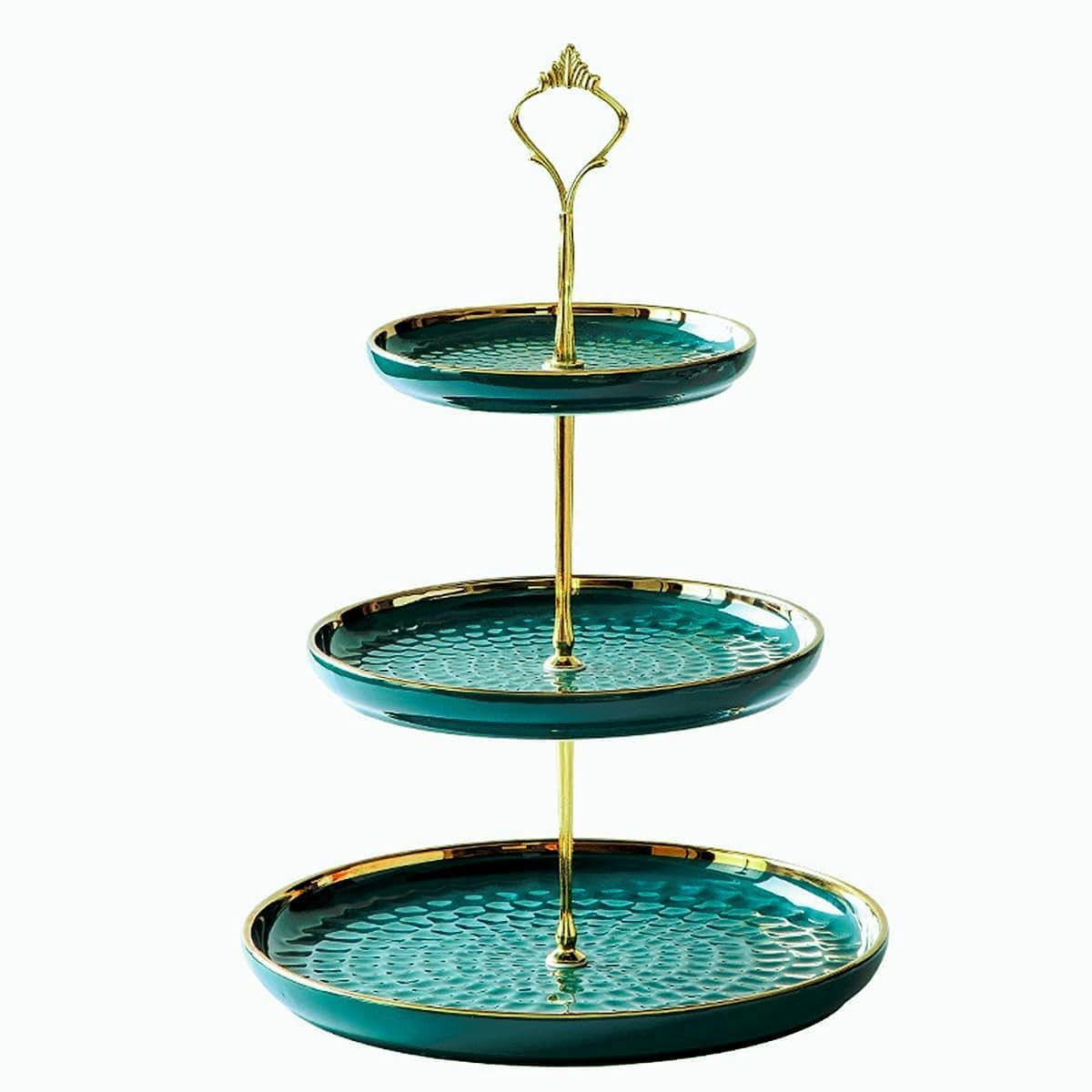 Aebor Estante de Porcelana Verde de 3 Niveles para Postres | Bandeja para Cupcakes, Tartas y Más