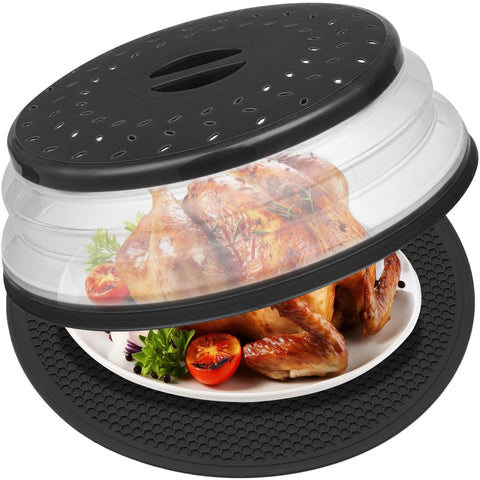 MAGJIUKE Tapa de Microondas 12 Pulgadas con Alfombrilla de Silicona – Tapa Antisalpicaduras Plegable y Base de Cocina