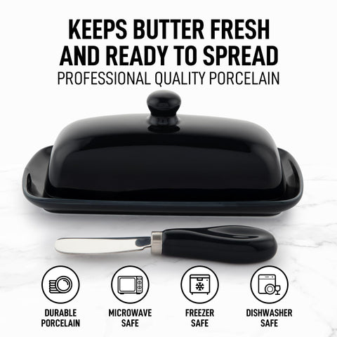 Zulay Kitchen Butter Dish With Lid For Countertop - Porcelain White, Ceramic Butter Dish with Knob Handle Great for Cooking - Elegant Design Butter Holder - Durable & Sturdy Butter Keeper - Black