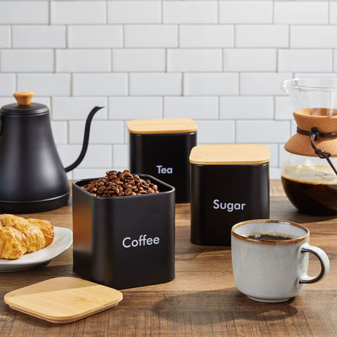 Juvale tapas herméticas en negro mantienen frescura de café y té.
