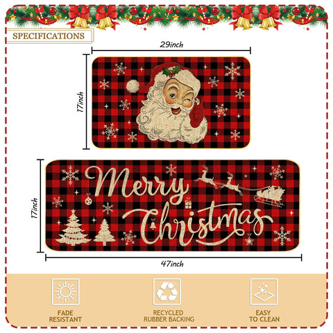 ARTUFAN Alfombras de Cocina Navideñas (Set de 2): 17x29 y 17x47 con Patrón de Cuadros y Copos de Nieve