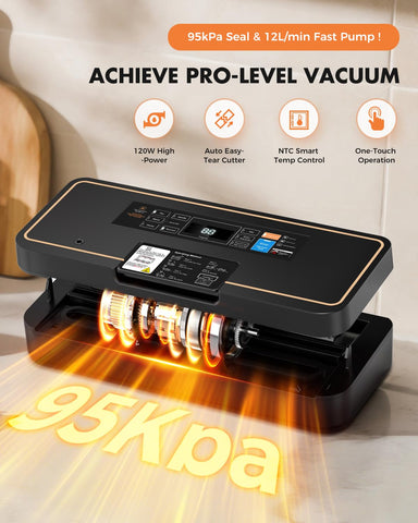 UPRUBE Vacuum Sealer with Easy Tear Cutter – 95kPa, 135W, 9-in-1, 10 ft Bag Roll