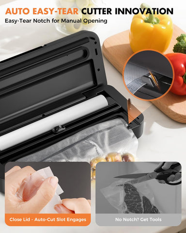 UPRUBE Vacuum Sealer with Easy Tear Cutter – 95kPa, 135W, 9-in-1, 10 ft Bag Roll