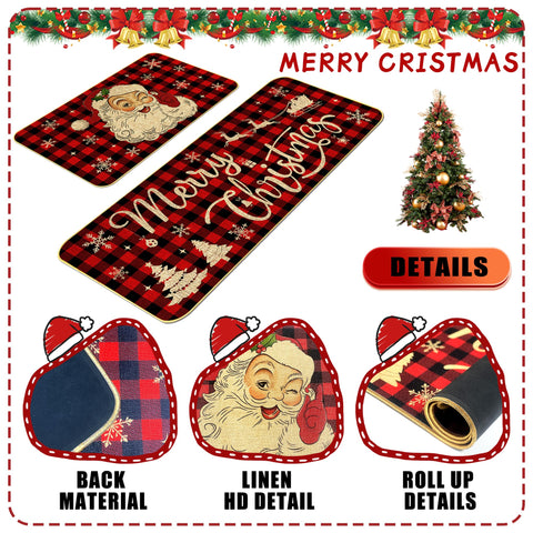 ARTUFAN Alfombras de Cocina Navideñas (Set de 2): 17x29 y 17x47 con Patrón de Cuadros y Copos de Nieve