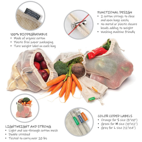 Cottify - Bolsas Reutilizables de Algodón con Malla para Frutas y Verduras 12+1