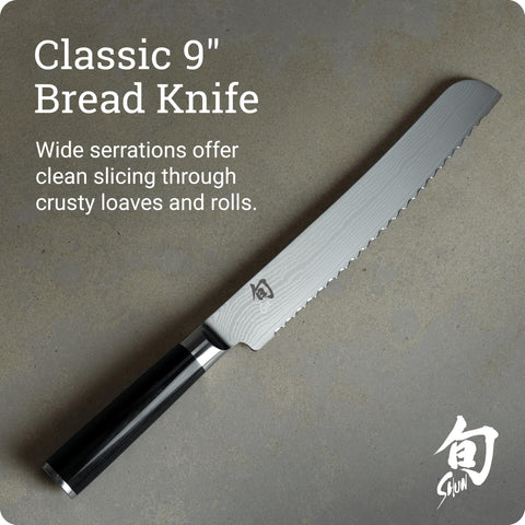 Shun Classic Cuchillo de Pan 9 Pulgadas – Hoja Damasco y Mango Pakkawood