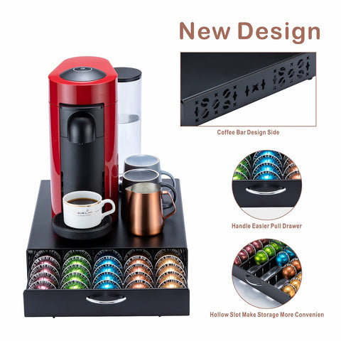 FlagShip Portacápsulas Vertuo: Organizador de cápsulas para barra de café, soporte para máquina, metal negro, capacidad 50 cápsulas