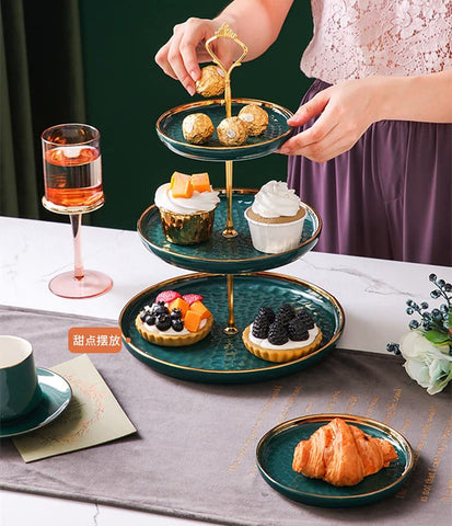 Aebor Estante de Porcelana Verde de 3 Niveles para Postres | Bandeja para Cupcakes, Tartas y Más
