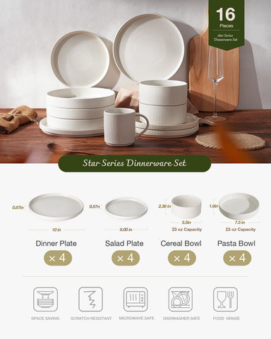 Famiware Star - Vajilla de piedra mate 16 piezas para 4, platos y cuencos, resistente, apta microondas y lavavajillas