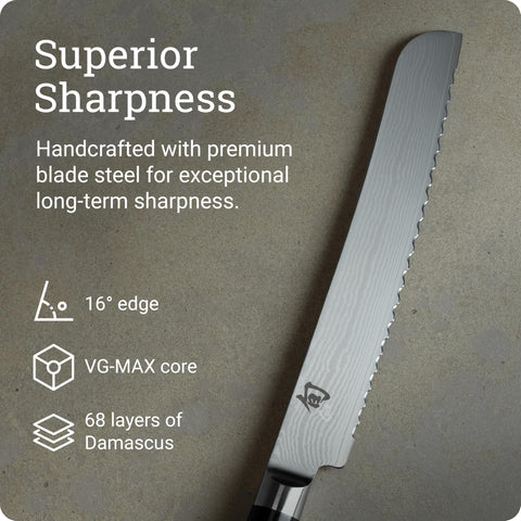 Shun Classic Cuchillo de Pan 9 Pulgadas – Hoja Damasco y Mango Pakkawood