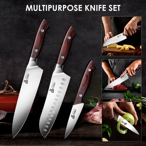 Conjunto de Cuchillos DDF iohEF 3 Piezas: Chef 8 pulgadas, Santoku 7 pulgadas y Pelador 3.75 pulgadas – Acero japonés
