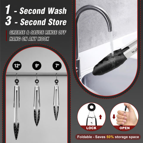 Pinzas de Cocina Walfos - Juego de 3, Silicona sin BPA, 7, 9 y 12 pulgadas