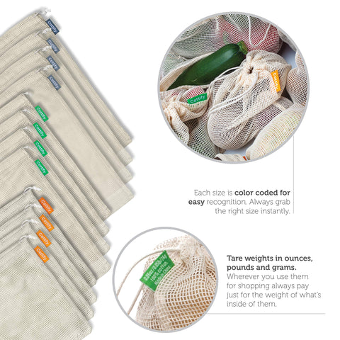 Cottify - Bolsas Reutilizables de Algodón con Malla para Frutas y Verduras 12+1