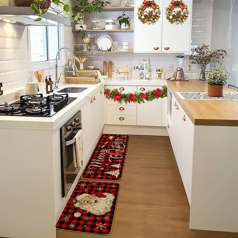 ARTUFAN Alfombras de Cocina Navideñas (Set de 2): 17x29 y 17x47 con Patrón de Cuadros y Copos de Nieve
